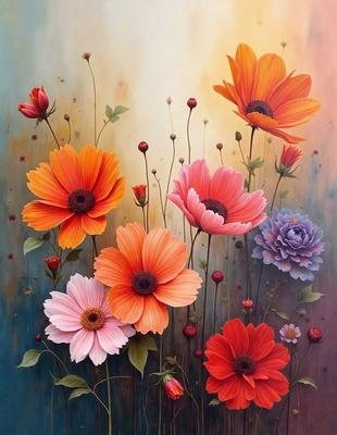 The primary subject of the image is a vibrant and colorful bouquet of flowers. The flowers are arranged in a visually appealing manner, with various shades of pink, orange, and yellow. The setting is a garden, with the flowers growing in a field. The visual style of the image is a painting, which adds a sense of artistic expression and beauty to the scene. The colors and mood of the image are lively and cheerful, with the flowers creating a sense of warmth and happiness.